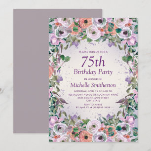 Invitación Cumpleaños 75 Lila Rosa Floral Acuarela Púrpura