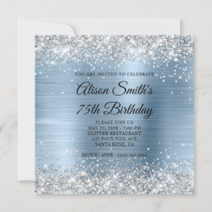 Invitación Cumpleaños 75 Lona Monograma Azul Claro Brillo Pla