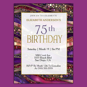 Invitación Cumpleaños 75 Moderno Morado Dorado con Estratos c