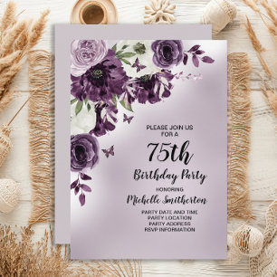 Invitación Cumpleaños 75 Morado Flores Blancas Mariposas