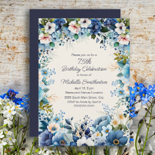 Invitación Cumpleaños 75 Navy Dusty Blue Floral Blanco
