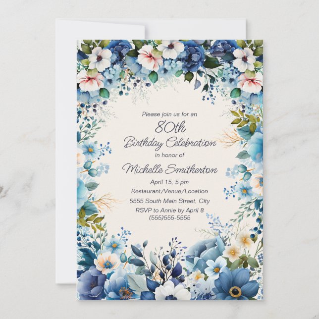 Invitación Cumpleaños 75 Navy Dusty Blue Floral Blanco (Anverso)