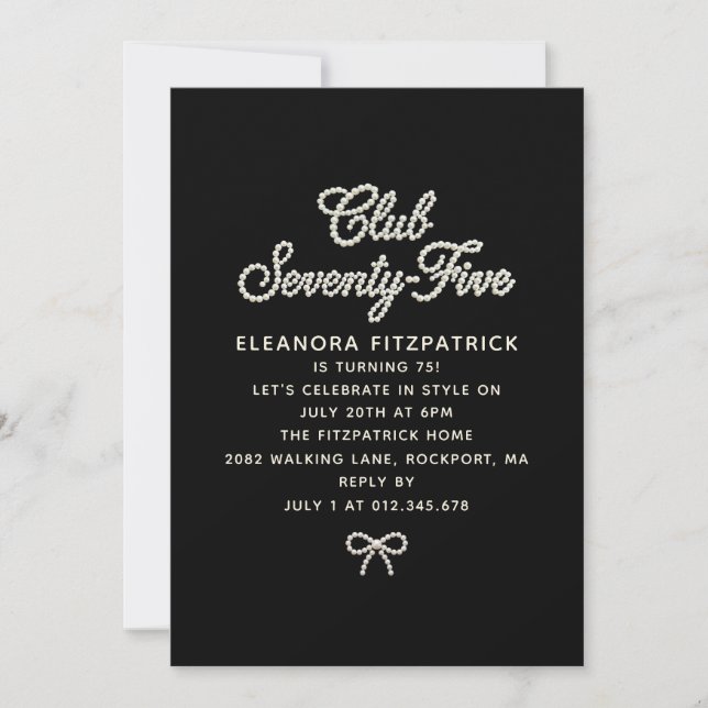 Invitación Cumpleaños 75 negro blanco perla guión lazo (Anverso)