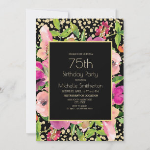 Invitación Cumpleaños 75 negro purpurina dorada floral rosa