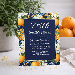 Invitación Cumpleaños 75 Oranges Flores Blancas Azul Marino