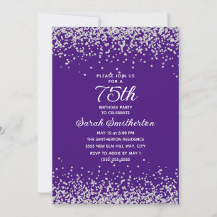 Invitación Cumpleaños 75 Purpura Plata Diamante Brillo