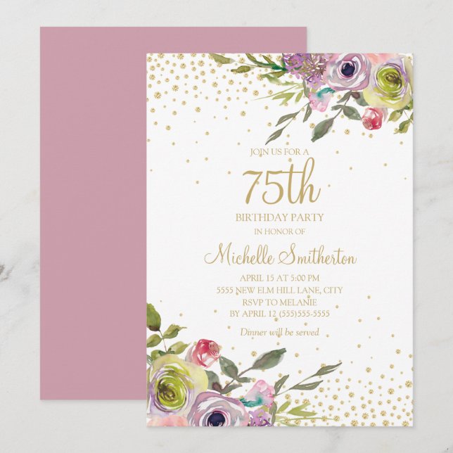 Invitación Cumpleaños 75 Rosa Amarillo Floral Dorado Brillant (Anverso / Reverso)