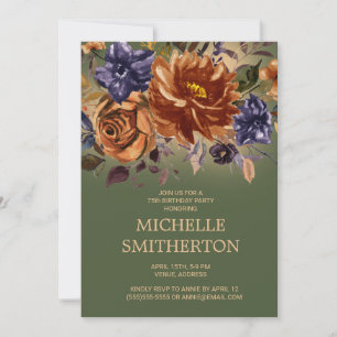 Invitación Cumpleaños 75 Rust Navy Azul Floral Verde 