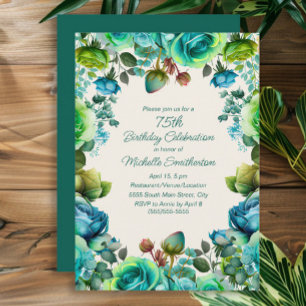 Invitación Cumpleaños 75 Teal Blue Green Acuarela Floral