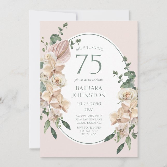 Invitación Cumpleaños 75 Tropical Floral (Anverso)
