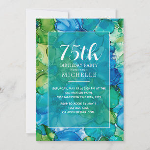 Invitación Cumpleaños 75 Verde Turquesa Tinta Alcohólica Eleg