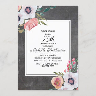 Invitación Cumpleaños 75 Vintage Pizarra Rosa Floral Blanca