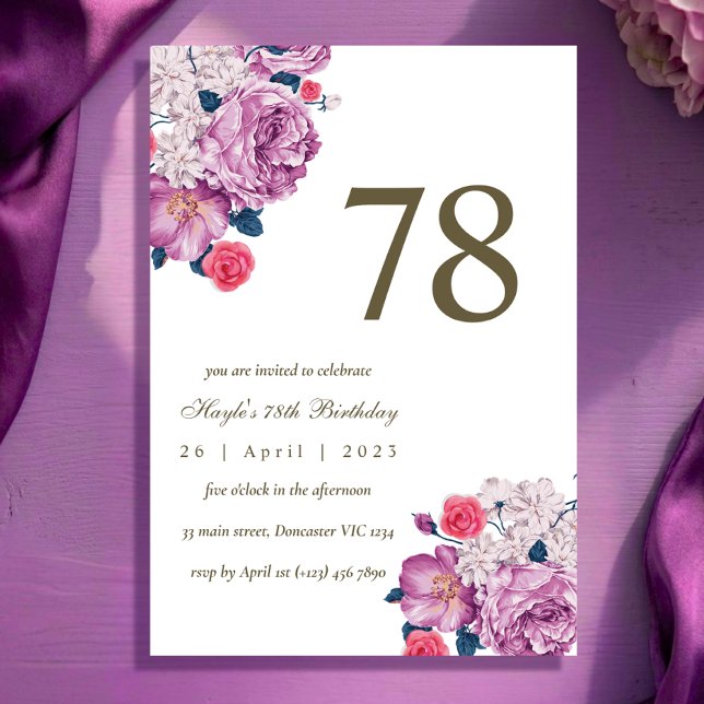 Invitación Cumpleaños 78 Botánico Floral Púrpura Simple Chic (Subido por el creador)