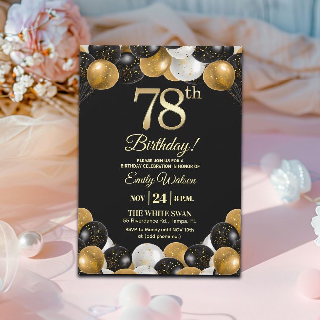 Invitación Cumpleaños 78 Elegante con Brillo de Oro Negro (Subido por el creador)