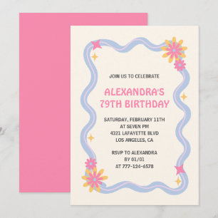 Invitación Cumpleaños 79 Cute Retro Groovy Flores Rosas