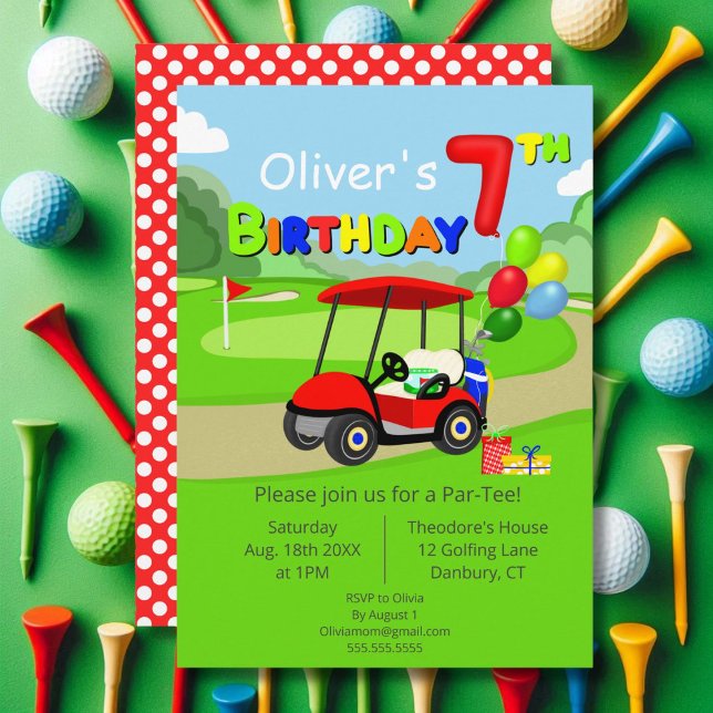 Invitación Cumpleaños 7 adorable carrito de golf rojo niño (Subido por el creador)