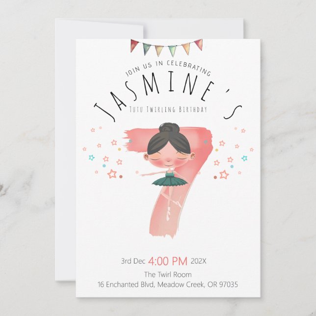Invitación Cumpleaños 7 de Bailarina Rosa Pastel (Anverso)