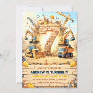 Invitación Cumpleaños 7 de Camiones de Construcción