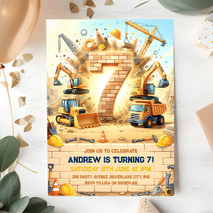 Invitación Cumpleaños 7 de Camiones de Construcción
