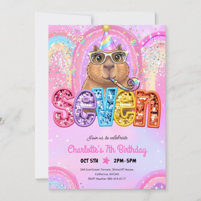 Invitación Cumpleaños 7 de Capybara Rosa Preppy (Anverso)