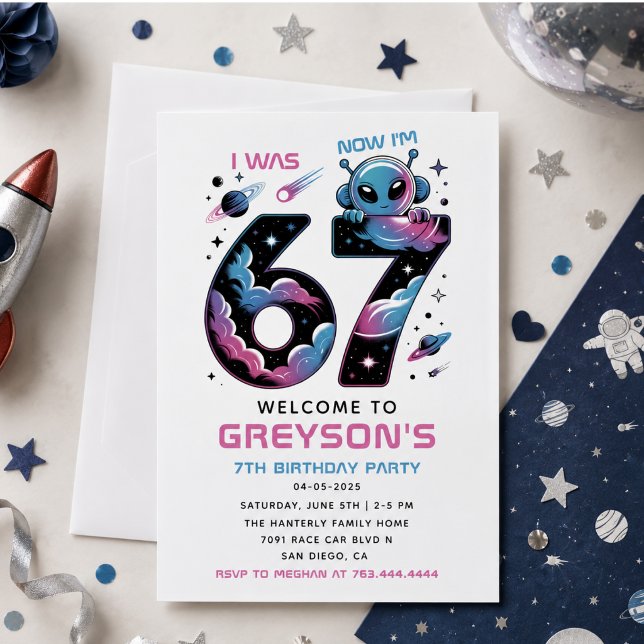 Invitación Cumpleaños 7 de Cute Space | Seis y Siete Años de  (Cute Space 7th Birthday | Six & Seven Year Old Invitation)