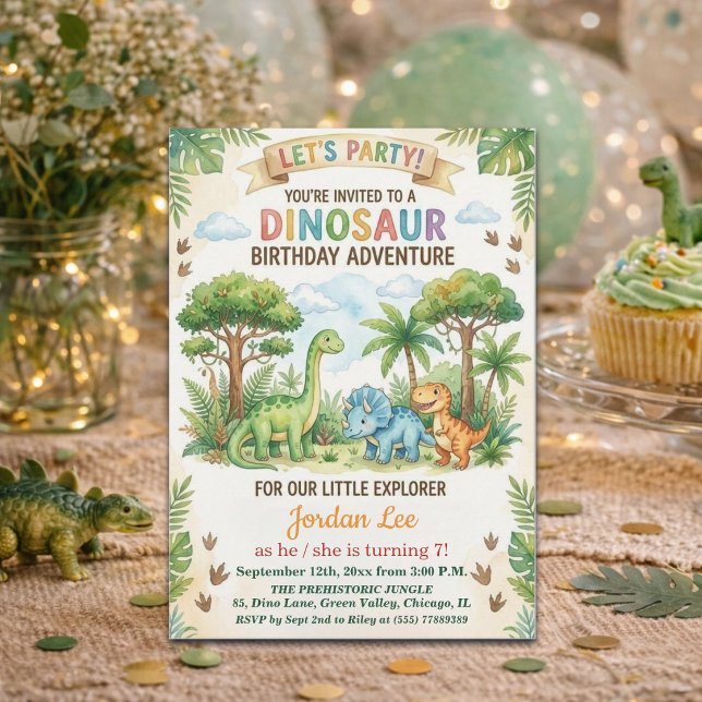 Invitación Cumpleaños 7 de dinosaurios de acuarela en la selv (Subido por el creador)