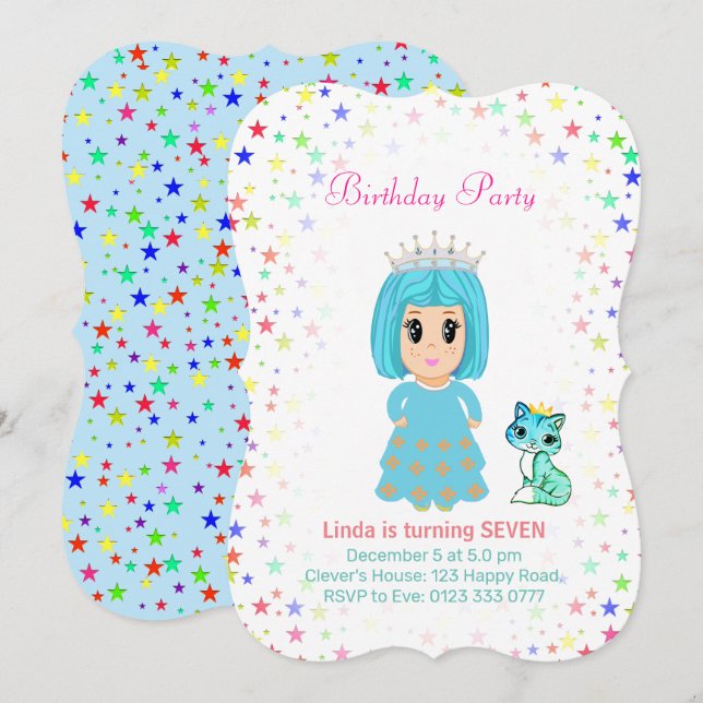 Invitación Cumpleaños 7 de linda princesa con gatito (Anverso / Reverso)