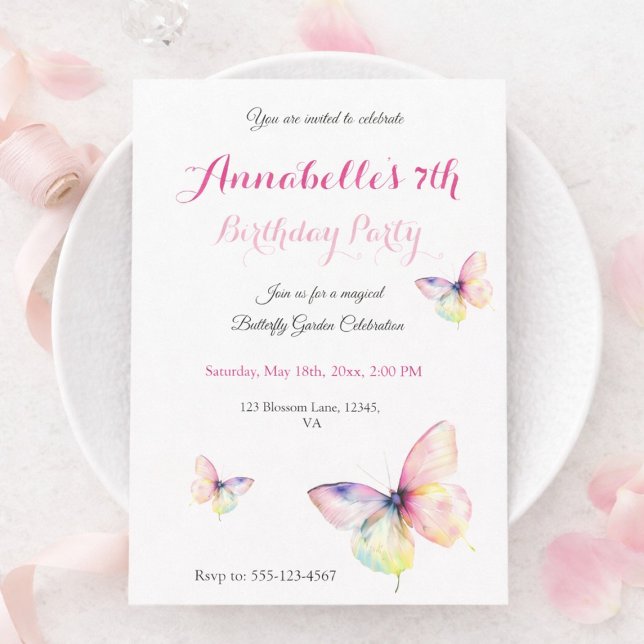 Invitación Cumpleaños 7 de Mariposa Arcoíris Pastel para Niña (Subido por el creador)