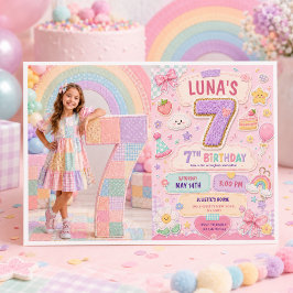 Invitación Cumpleaños 7 de niña con arcoíris de patchwork pas