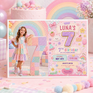 Invitación Cumpleaños 7 de niña con arcoíris de patchwork pas