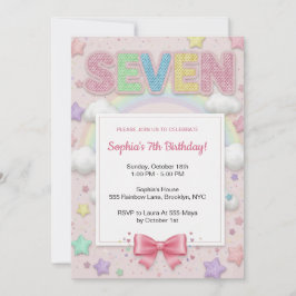 Invitación Cumpleaños 7 de niña con purpurina arcoíris pastel