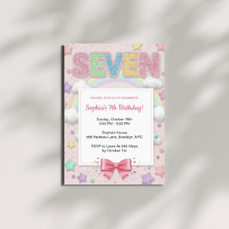 Invitación Cumpleaños 7 de niña con purpurina de arcoíris de 