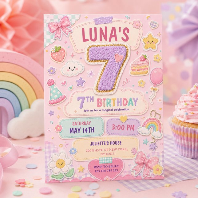 Invitación Cumpleaños 7 de niña con temática de arcoíris de p (Pastel Patchwork Rainbow 7th Birthday Party Girl Invitation
)