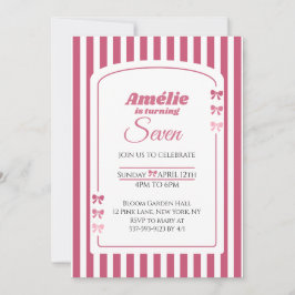 Invitación Cumpleaños 7 de niña estética Coquette con lazo ro