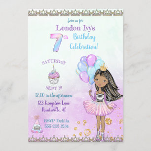 Invitación Cumpleaños 7 de niña princesa afroamericana