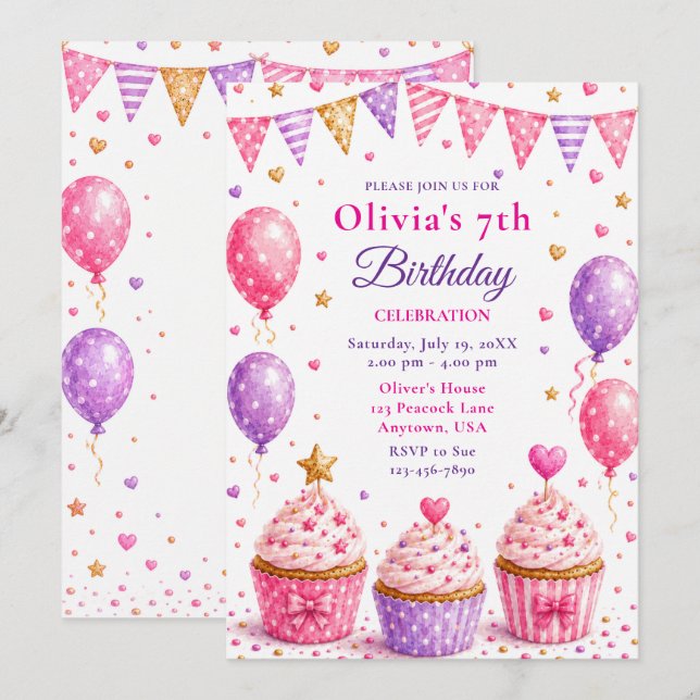 Invitación Cumpleaños 7 de Pink Cupcake (Anverso / Reverso)
