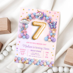 Invitación Cumpleaños 7 del Unicornio Arcoíris Pastel
