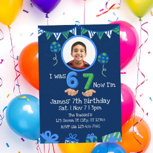 Invitación Cumpleaños 7, Era 6 Ahora 7, Imagen Azul Verde 7