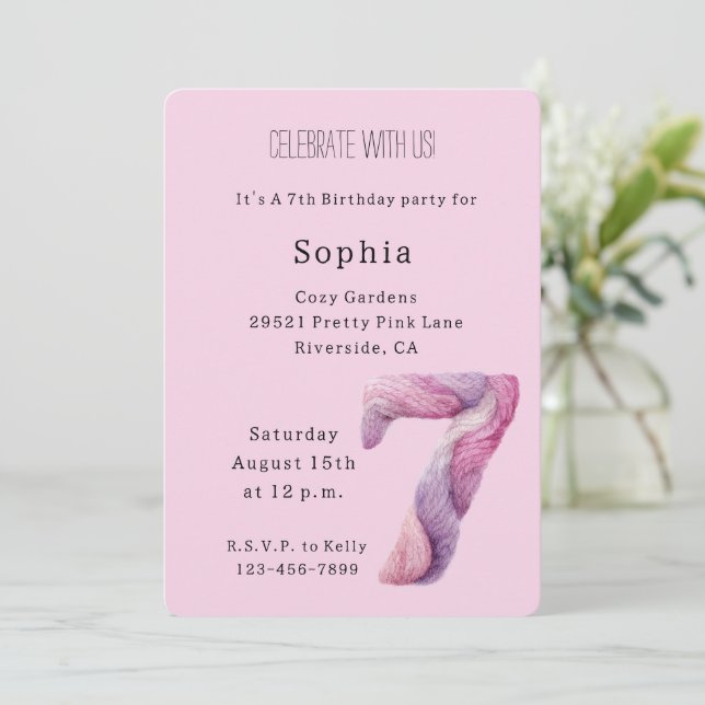 Invitación Cumpleaños 7 Rosa Lavanda Púrpura Acogedor (Anverso de pie)