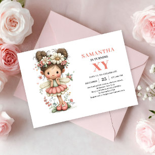 Invitación Cumpleaños 8º Niña Hada Caprichoso Floral Rubor 
