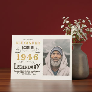 Invitación Cumpleaños 80 1946 Leyenda Foto Blanca y Dorada