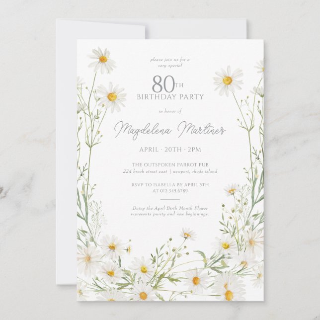 Invitación Cumpleaños 80 Abril Flor del Mes de Nacimiento Mar (Anverso)