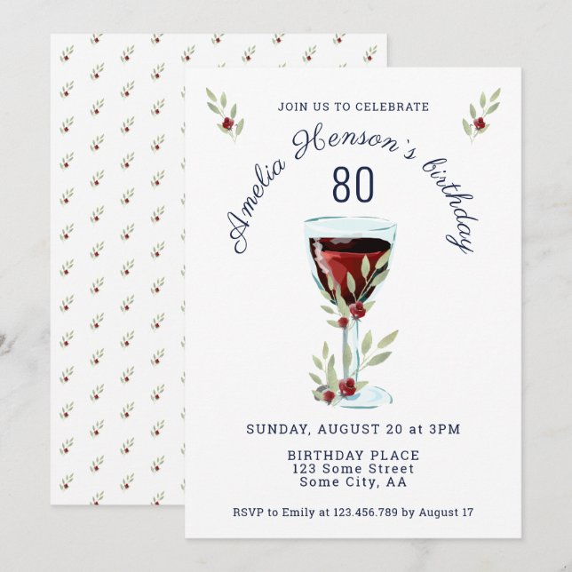 Invitación Cumpleaños 80 Acuarela de Rosa de Vino Tinto Rústi (Anverso / Reverso)