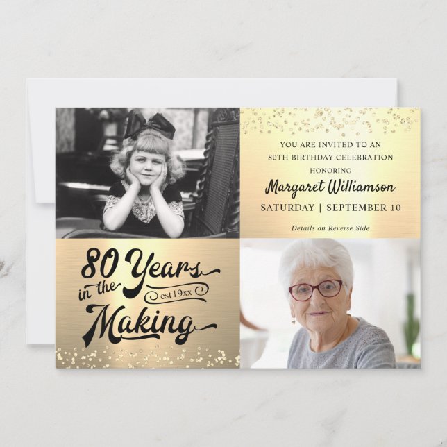 Invitación Cumpleaños 80 años en hacer 2 fotos de oro (Anverso)