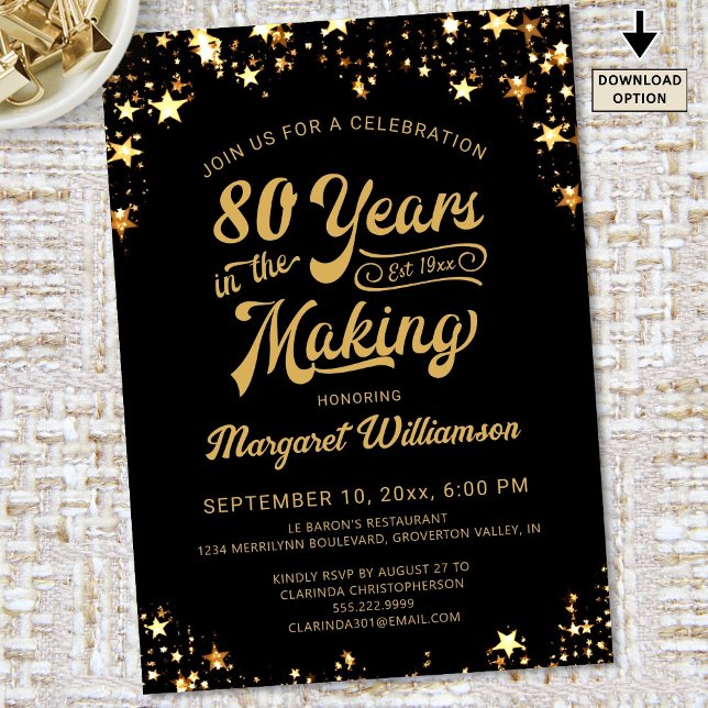 Invitación Cumpleaños 80 años en hacer estrellas de oro negra (Subido por el creador)
