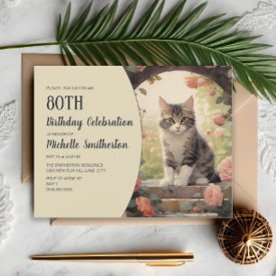 Invitación Cumpleaños 80 Arco Gatito Gris Blanco