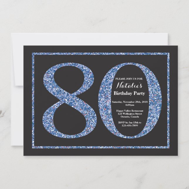 Invitación Cumpleaños 80 Azul Pizarra Brillante (Anverso)