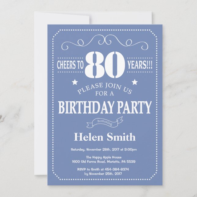 Invitación Cumpleaños 80 Azul y Blanco (Anverso)