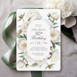 Invitación Cumpleaños 80 Blancas Peonías Acuarela Floral