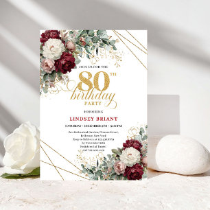 Invitación Cumpleaños 80 Bohemio Borgoña Floral Dorado